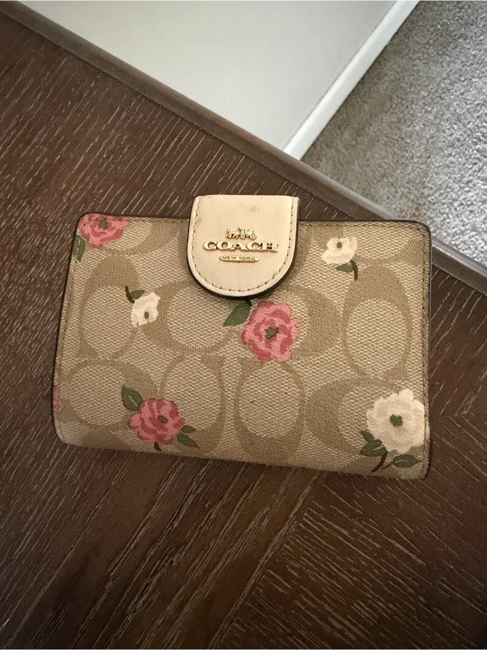 Coach Floral Signature Compact Wallet in Khaki and Pink